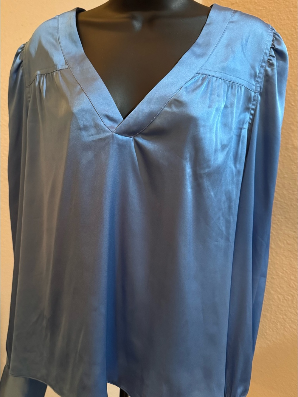 White House Black Market Sky Blue V-Neck Satin Blouse